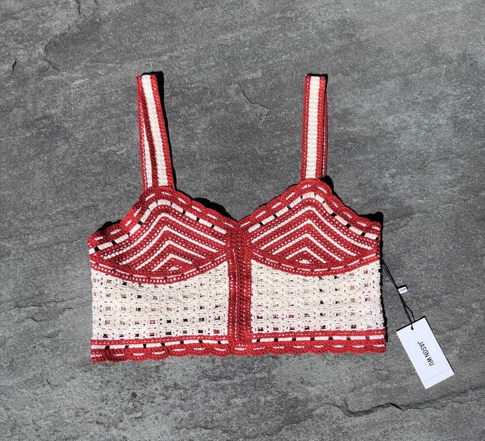 Jason Wu NWT Crochet Bralette Crop Top Rust Cream Chevron Bustier Tank 4 S $325